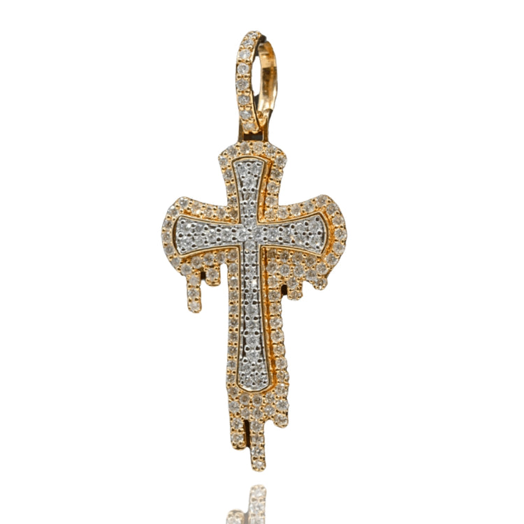 The Dripping Cross Diamond Pendant - 14k features a bold dripping design, outlined with diamonds and a diamond-studded bail—making this yellow gold pendant an eye-catching choice for men.