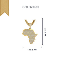 14k Gold Africa Map Pendant with Diamonds featuring a textured, diamond-like surface and gold chain. Measures 22.6 mm x 22.6 mm. GOLDZENN logo displayed above the pendant on a white background.