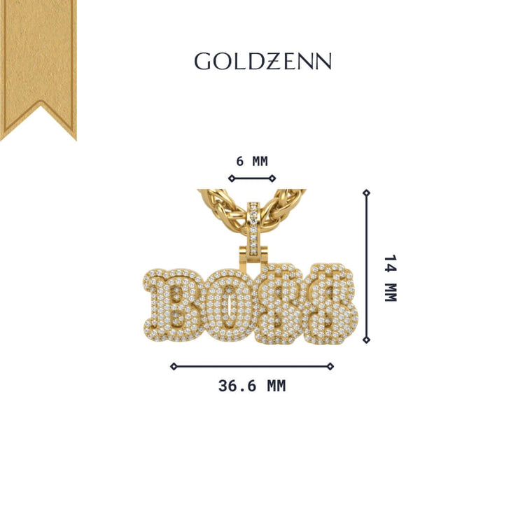 The 14k Gold BOSS Pendant with Diamonds features a striking 36.6mm x 14mm diamond-encrusted pendant on a bold 6mm gold chain—perfect for anyone seeking standout gold jewelry.