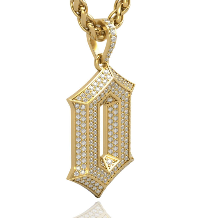 A 14K gold necklace featuring a '0' shaped pendant adorned with sparkling diamonds for added elegance.