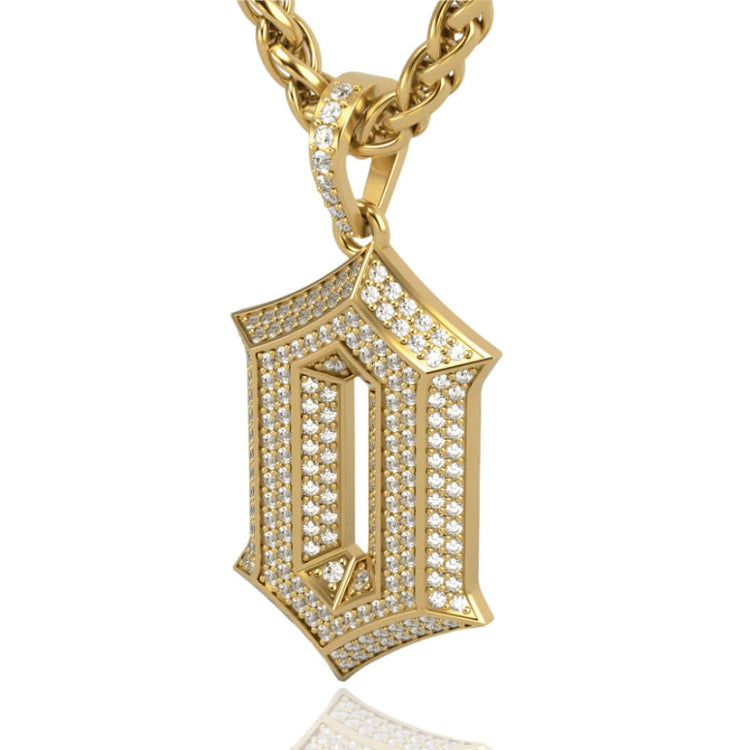 A striking 14K gold '0' pendant, encrusted with sparkling diamonds, hangs from a thick gold chain—making this necklace a standout piece for any jewelry collection.