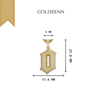 The GOLDZENN 14k Gold '0' Pendant with Diamonds features a geometric design and sparkling diamonds. Dimensions are 27.8 mm tall, 17.6 mm wide, and 5 mm thick. The brand name GOLDZENN appears above the pendant.