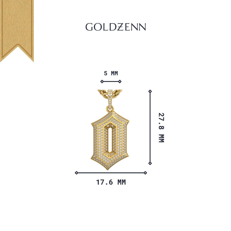 The GOLDZENN 14k Gold '0' Pendant with Diamonds features a geometric design and sparkling diamonds. Dimensions are 27.8 mm tall, 17.6 mm wide, and 5 mm thick. The brand name GOLDZENN appears above the pendant.
