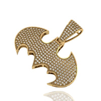 The Diamond Bat Emblem Pendant - 14k features a striking bat-shaped design in gold, encrusted with rows of small white diamonds for a bold statement look. Perfect as standout jewelry against any clean white background.