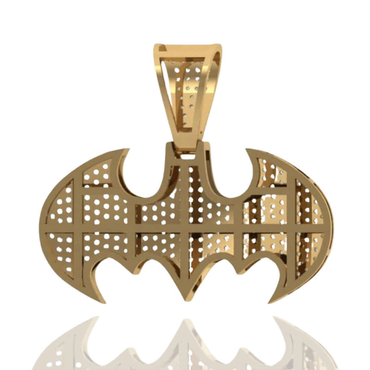 The Diamond Bat Emblem Pendant - 14k is shaped like the Batman logo with grid and dotted patterns, a polished finish, and a large bail—perfect as statement jewelry.