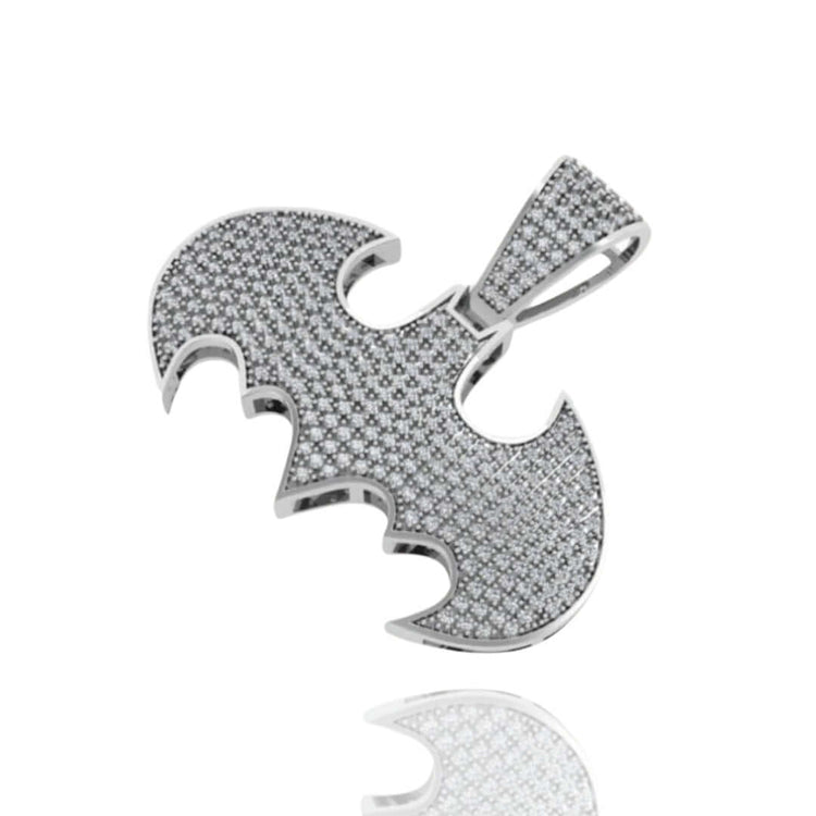 The Diamond Bat Emblem Pendant - 14k dazzles with radiant stones and a chain-ready loop, gleaming in silver against a white backdrop—ideal statement jewelry for any collection.