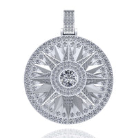 The 14k Gold Celestial Starburst Diamond Pendant features a round starburst design encrusted with diamonds along the edges, center, and bale, highlighting a large central diamond for a dazzling celestial look.