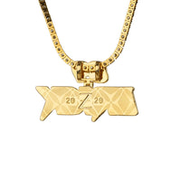 Custom Diamond Name Pendant in solid yellow gold, featuring a personalized nameplate with stylized "Z" and "20" on each side, displayed against a white background.