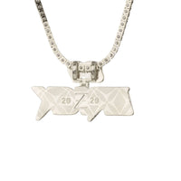 A solid yellow gold Custom Diamond Name Pendant with a rectangular, stylized design featuring the text 20 Z 20 engraved on a personalized name plate, hanging from a textured gold chain for a distinctive look.