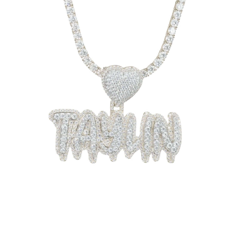 The Custom Diamond Name Pendant - Solid Yellow Gold features a heart-shaped pendant adorned with diamonds above your personalized name in bold, shimmering letters for a standout, sparkling look.