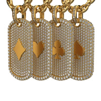 The Diamond Card Symbols Dog Tag - 14k features four striking gold dog tag pendants, each set with diamonds and showcasing a unique card symbol—heart, club, diamond, or spade—on bold chains for a standout men’s accessory.