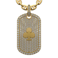 The Diamond Card Symbols Dog Tag - 14k is a men's gold chain necklace with a rectangular, diamond-outlined pendant featuring a gold club suit symbol at the center for a bold, sophisticated look.