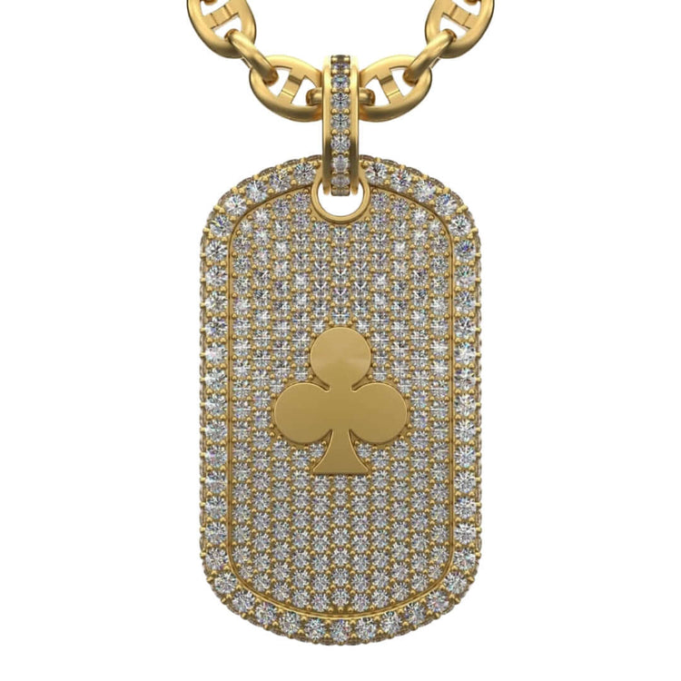 The Diamond Card Symbols Dog Tag - 14k is a men's gold chain necklace with a rectangular, diamond-outlined pendant featuring a gold club suit symbol at the center for a bold, sophisticated look.