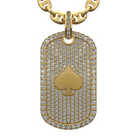 The Diamond Card Symbols Dog Tag - 14k is a striking gold dog tag pendant encrusted with diamonds and features a central spade symbol, making it an ideal addition to any men's gold pendants collection.