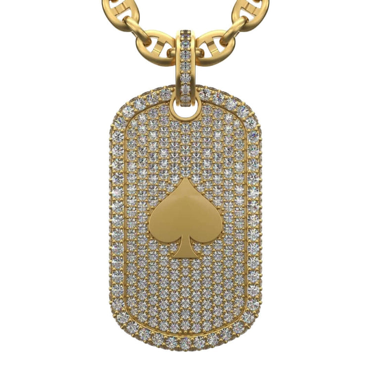 The Diamond Card Symbols Dog Tag - 14k is a striking gold dog tag pendant encrusted with diamonds and features a central spade symbol, making it an ideal addition to any men's gold pendants collection.