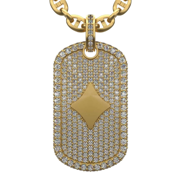 The Diamond Card Symbols Dog Tag - 14k is a standout men's gold pendant, featuring small diamonds and a raised gold card symbol at the center, all on a matching 14K gold chain.