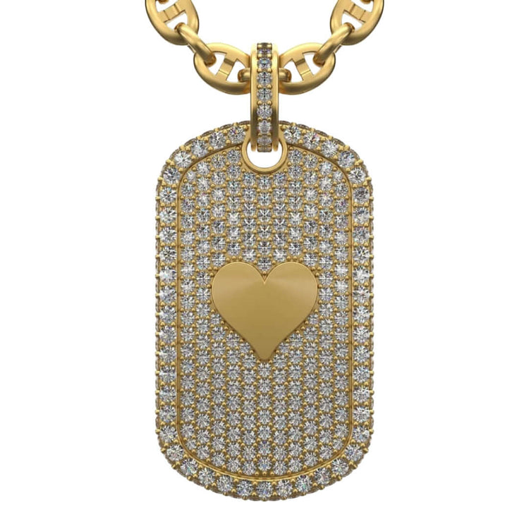 The Diamond Card Symbols Dog Tag - 14k is a men's gold pendant featuring diamond accents and solid gold card symbols, hanging from a bold gold chain.