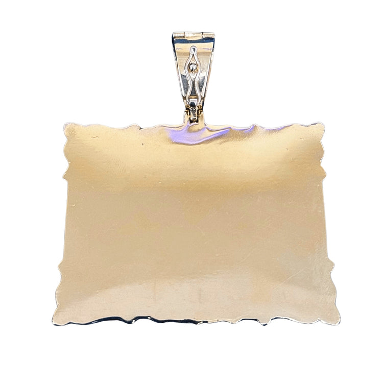 The 14K Gold Diamond Bail Big Frame Picture Pendant features scalloped edges and a decorative diamond bail, displayed on a white background with a smooth, shiny surface that reflects light.