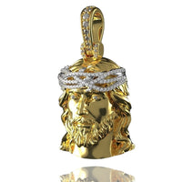 Featuring a bearded Jesus head with long hair, a crown of thorns, and sparkling white stones, the 14K Yellow Gold Jesus Diamond Head Pendant is a striking piece of religious jewelry displayed on a plain white background.