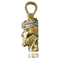 The 14K Yellow Gold Jesus Diamond Head Pendant features a bearded profile with a shiny finish, silver crown of thorns set with diamonds, and a large top loop for your chain.