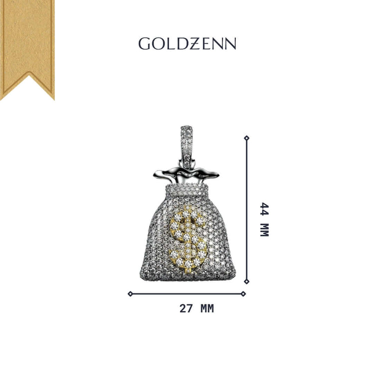 The Diamond Money Bag Pendant - 14k, shaped like a money bag with a dollar sign, measures 44mm tall by 27mm wide and is shown on a white background with the GOLDZENN brand name above.