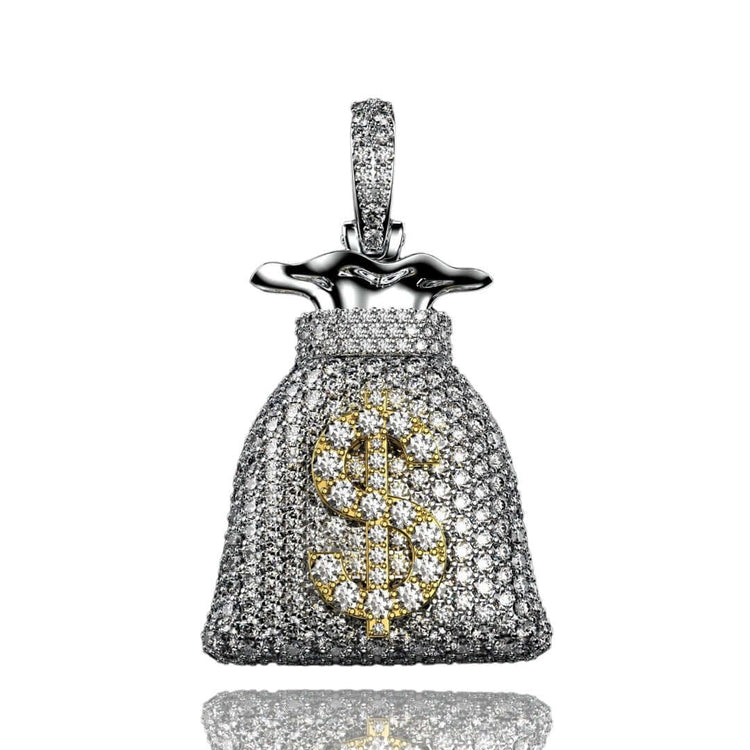 The Diamond Money Bag Pendant - 14k features sparkling clear stones, a gold dollar sign on the front, and a metallic knot with loop for easy attachment to your favorite chain.