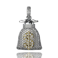 The Diamond Money Bag Pendant - 14k features a dazzling diamond-encrusted design with a gold dollar sign ($) at its center, shining brilliantly against a white background.