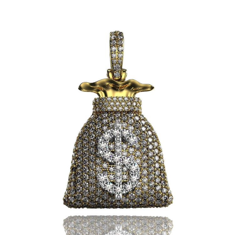 The Diamond Money Bag Pendant - 14k showcases a sparkling diamond dollar sign on polished gold, blending luxury and style in every detail for a bold, eye-catching look.