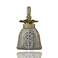 The Diamond Money Bag Pendant - 14k features a gold money bag design with a large dollar sign, sparkling diamond accents, and a loop for your favorite chain.