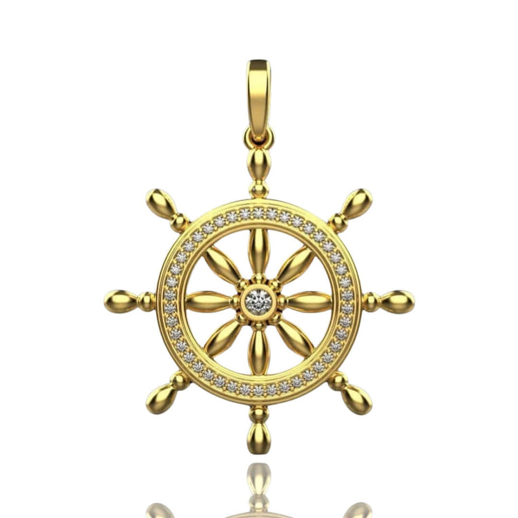The Nautical Ship Wheel Pendant - 14k features a sparkling stone-studded ship wheel design in 14K gold, with a top loop for easy attachment to a chain—perfect for fans of nautical jewelry.