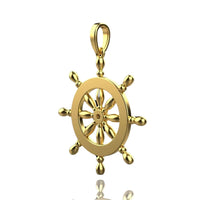The Nautical Ship Wheel Pendant - 14k is a polished gold pendant shaped like a ship's wheel with eight spokes, displayed against a white background—a classic piece of nautical jewelry.