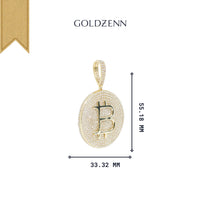 The Bitcoin Pendant with Zirconia – 10k Gold measures 55.18mm x 33.32mm, featuring the Bitcoin symbol below the GOLDZENN brand—an elegant cryptocurrency jewelry piece adorned with sparkling zirconia.