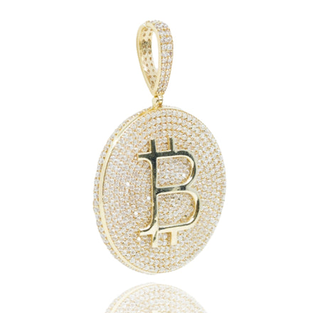 A 10k gold Bitcoin pendant featuring the Bitcoin symbol at its center, accented with sparkling zirconia stones and a matching zirconia-studded bail—a striking piece of cryptocurrency jewelry.