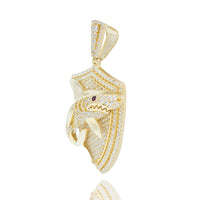 The Shark Pendant in 10k Gold with CZ for men features a three-dimensional open-mouth shark encrusted with cubic zirconia, set on a shield-shaped background sparkling with clear stones.