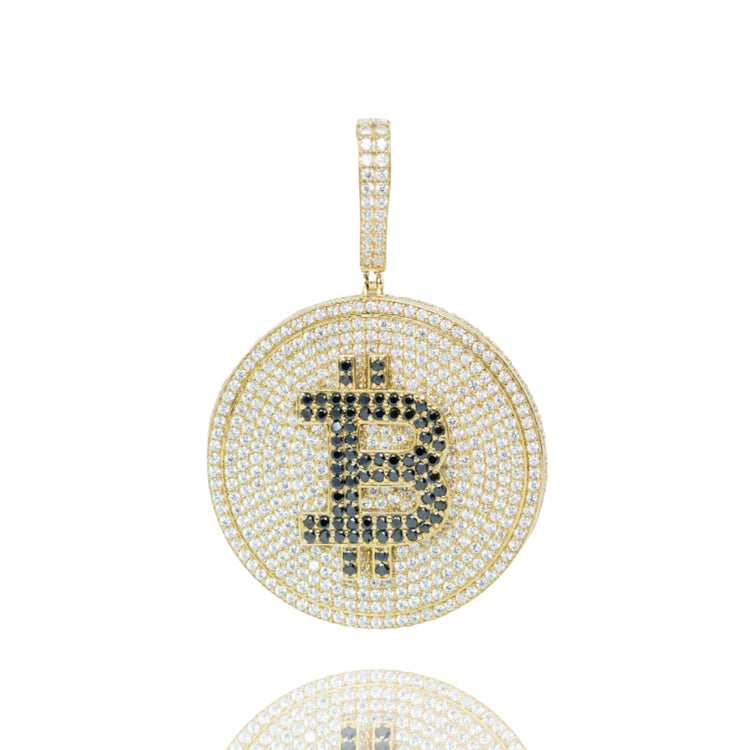 The Gemstone Bitcoin Pendant – 10K Gold Men’s Pendant features a coin-shaped design with white and black gemstones forming the Bitcoin symbol, shown on a reflective white background—a bold statement piece for men’s jewelry.
