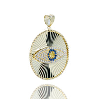 The Eye Pendant – 10k is a gold oval pendant with a textured radiating pattern and central blue and clear gemstone eye, showcasing bold men's jewelry style against a white background.