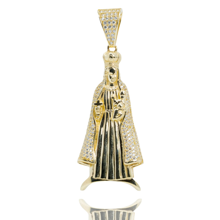 Lady of Charity Pendant – 10K Gold with CZ Stones: A men’s pendant shaped like a crowned, robed religious figure, featuring a detailed robe and shimmering CZ stones on the cape and bail.