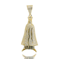 The Lady of Charity Pendant – 10K Gold with CZ Stones is a men’s pendant shaped like a robed figure with a pointed head, adorned with sparkling CZ stones and featuring a large decorative bail for attaching to your chain.