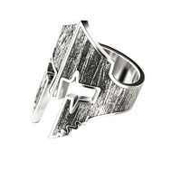 The Bold Spartan Warrior Helmet Ring in 14k gold boasts a striking, textured design with a cross detail on a plain white background—an impressive addition to any men's jewelry collection.