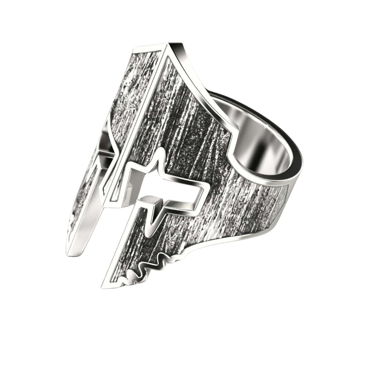 The Bold Spartan Warrior Helmet Ring in 14k gold boasts a striking, textured design with a cross detail on a plain white background—an impressive addition to any men's jewelry collection.