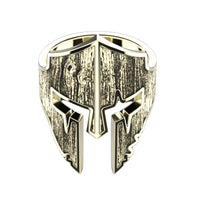 The Bold Spartan Warrior Helmet Ring-14k Gold showcases a men's design inspired by Greek warriors, featuring a weathered wood-like texture on the front and crafted with gold and silver details.