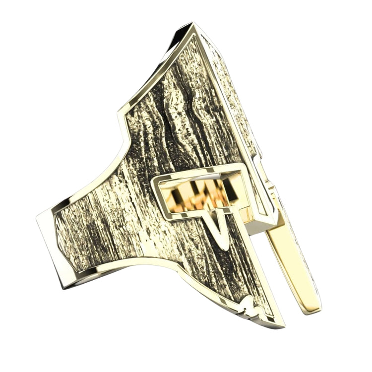 The Bold Spartan Warrior Helmet Ring—crafted in 14k gold with a textured, wood-like finish—is an eye-catching men’s jewelry piece, showcased against a white background.