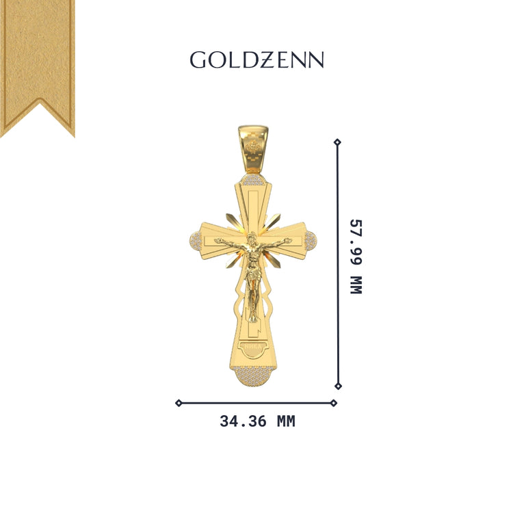 Custom 14k Yellow Gold Diamond Cross Pendant with intricate detailing, displayed vertically. Measures 57.99 mm high and 34.36 mm wide. GOLDZENN appears above, with a gold ribbon at the top left corner.