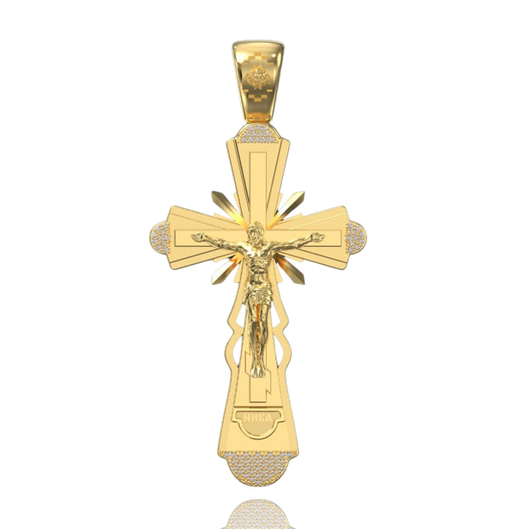 The Custom 14k Yellow Gold Diamond Cross Pendant features a detailed crucifix of Jesus Christ, intricate designs, and НИКА engraved at the bottom—an exquisite addition to any collection.