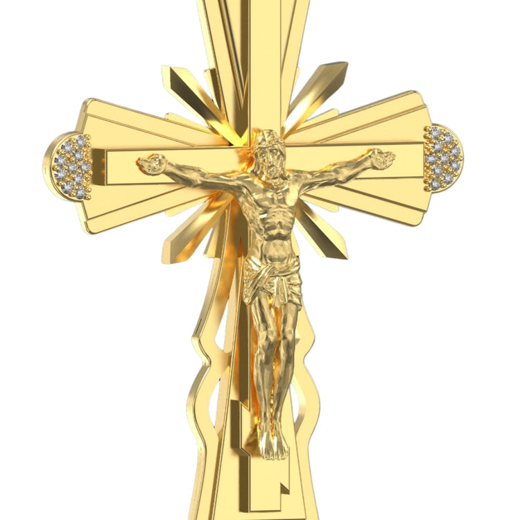 The Custom 14k Yellow Gold Diamond Cross Pendant features Jesus on the crucifix, radiant decorative beams, and sparkling diamonds at each end of the horizontal bar.