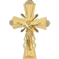 The Custom 14k Yellow Gold Diamond Cross Pendant features a detailed Jesus figure, radiant gold beams, and sparkling diamonds at the ends—a striking gold pendant for any collection.