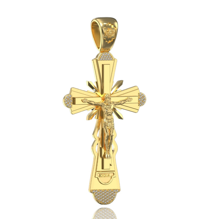 The Custom 14k Yellow Gold Diamond Cross Pendant features Jesus on the crucifix with textured accents, an INRI inscription at the base, and sparkling diamond details.