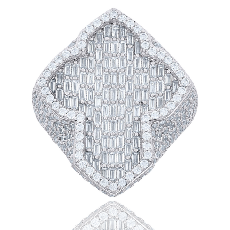 The 5.82ct Baguette Moissanite Cross Religious Ring features a large, diamond-shaped sterling silver face adorned with rectangular and round moissanites in a sparkling geometric pattern, outlined by round stones for an intricate look.