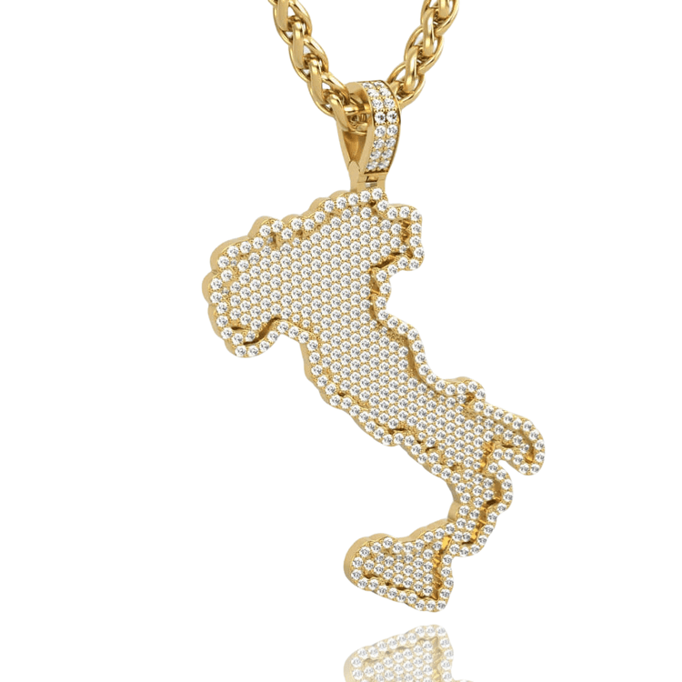 The 14k Gold Italy Map Pendant with Diamonds features an Italy-shaped pendant encrusted with sparkling stones, hanging from a twisted rope chain—a stylish tribute to Italian heritage jewelry.