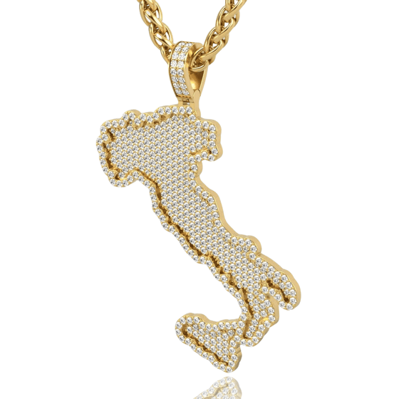 Alt="Celebrate Italian heritage with the 14K Gold Italy Map Pendant. Features radiant 14K gold, intricate detailing, and diamond accents for timeless sophistication."